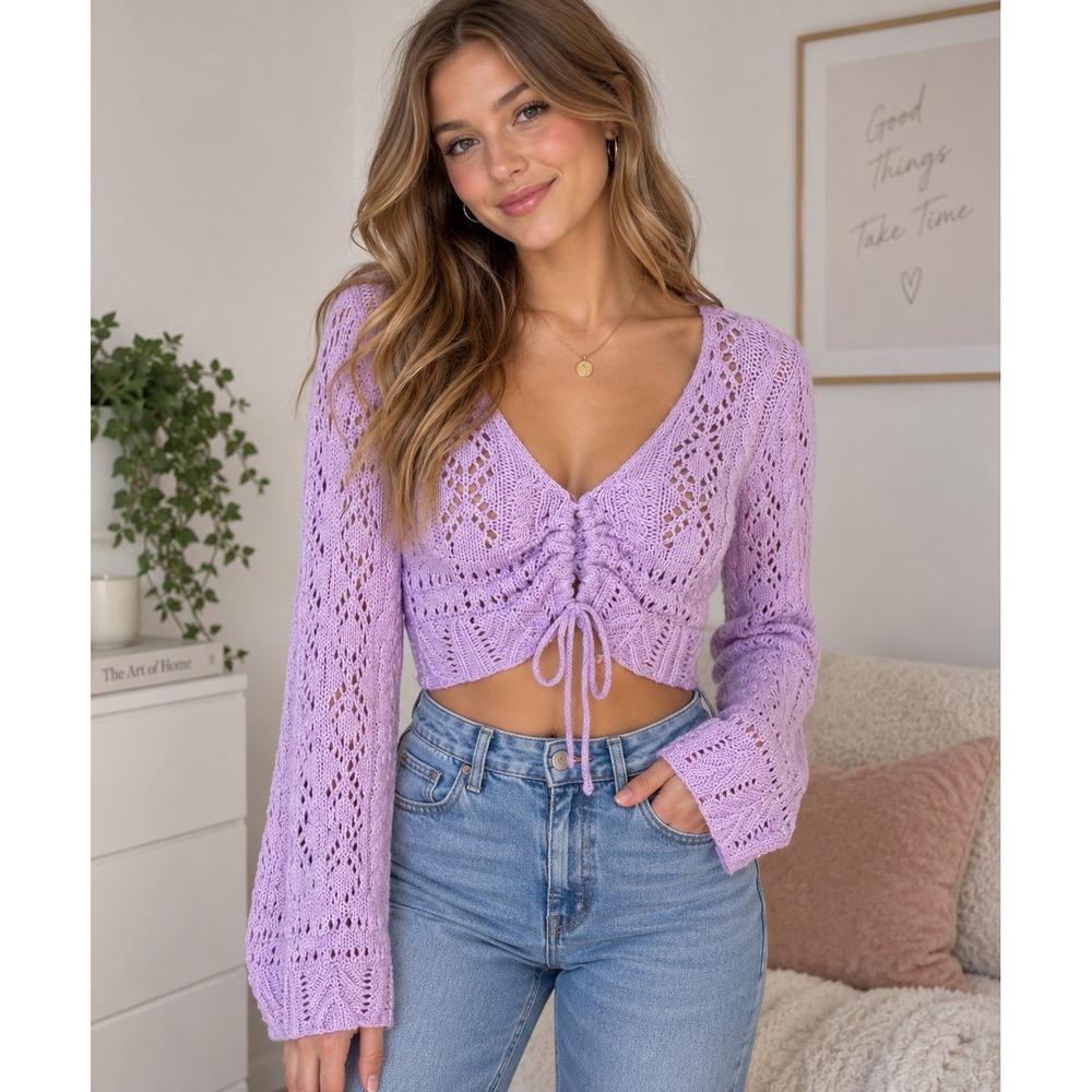 Emory Park Crochet Cardigan Women Medium Purple Cinched Front Bell Sleeve Boho